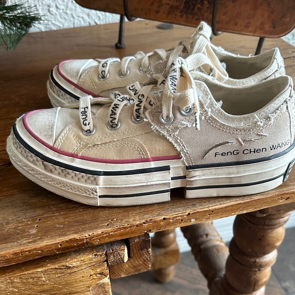 Converse Beige Canvas Sneakers with Black and red Accents